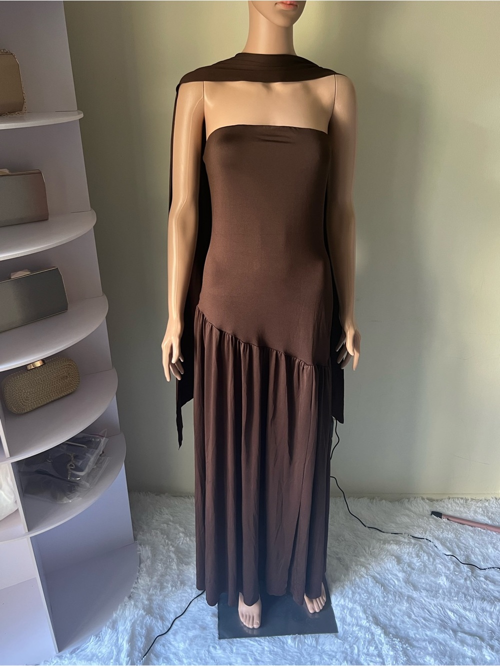 Strapless Chocolate Brown Maxi Dress with Draped Scarf and left side slit